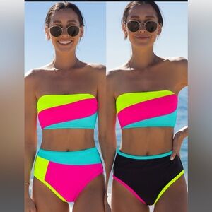 Popvil - Reversible Bandeau Color Block Bikini Set